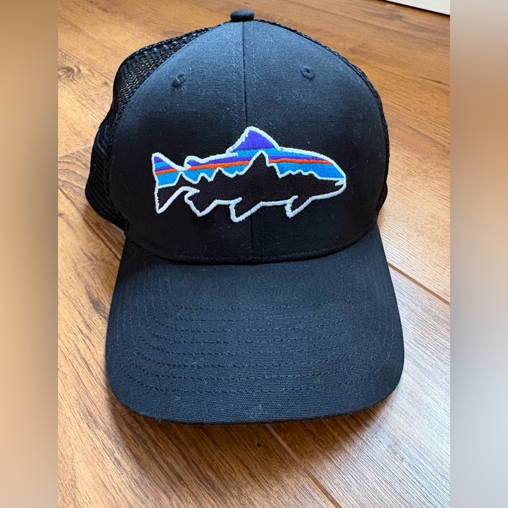Patagonia Black Trucker Hat with Multicolor Fish Logo. OS